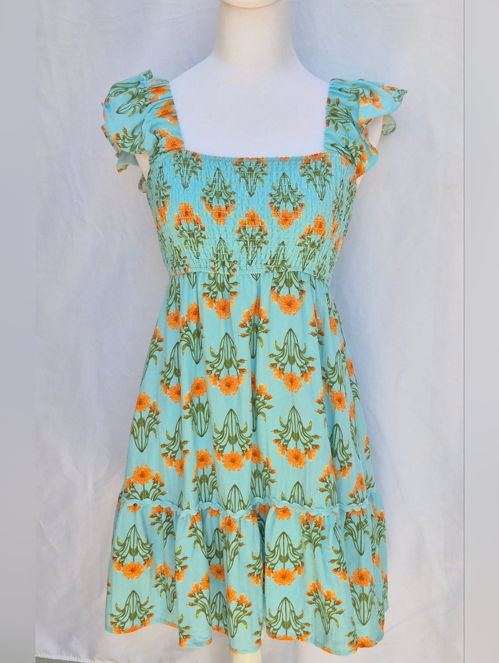 By The River Boho Floral Ruffle Smocked Women's Mini Dress Size Small